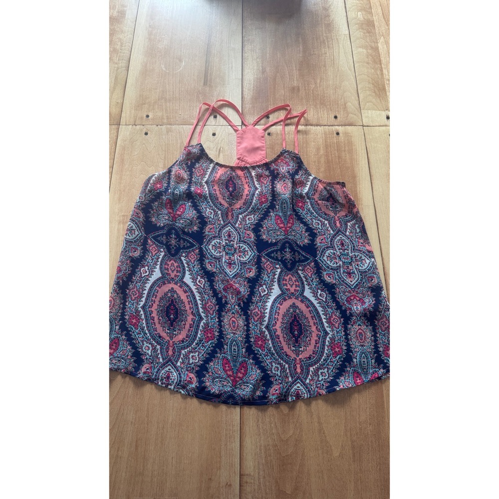 Charming Charlie Navy Coral Paisley Strappy Racerback Tank‎ Top Womens Medium